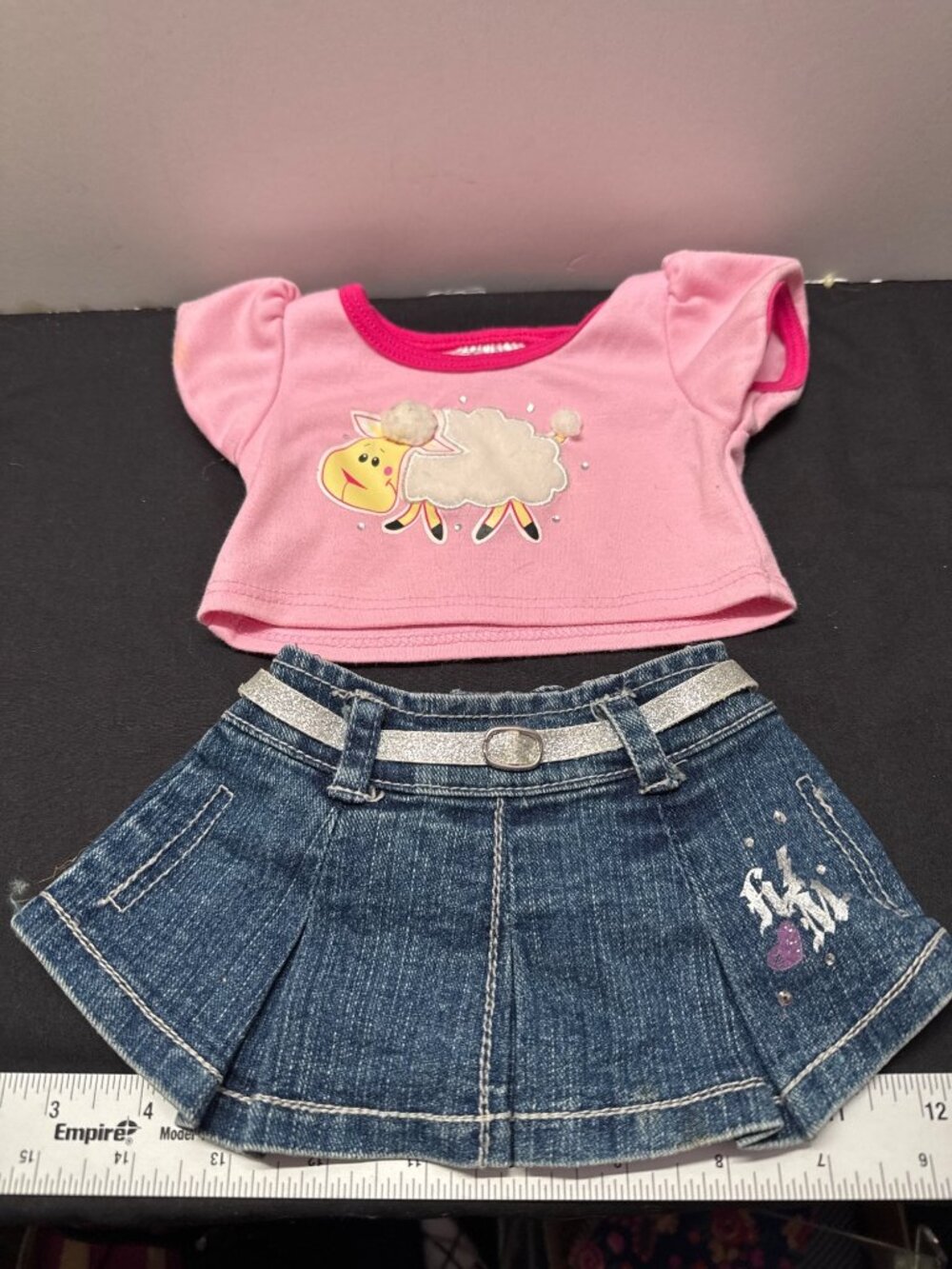Build-A-Bear Workshop Pink Lamb Top & Denim Skirt Outfit For Stuffed Animals
